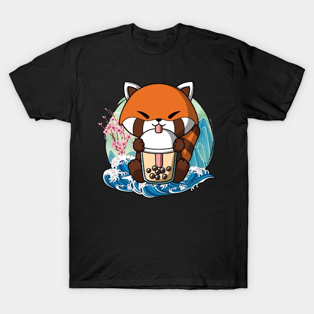 Boba Tea Red Panda Japanese Great Wave Kanagawa T-Shirt by TheBeardComic